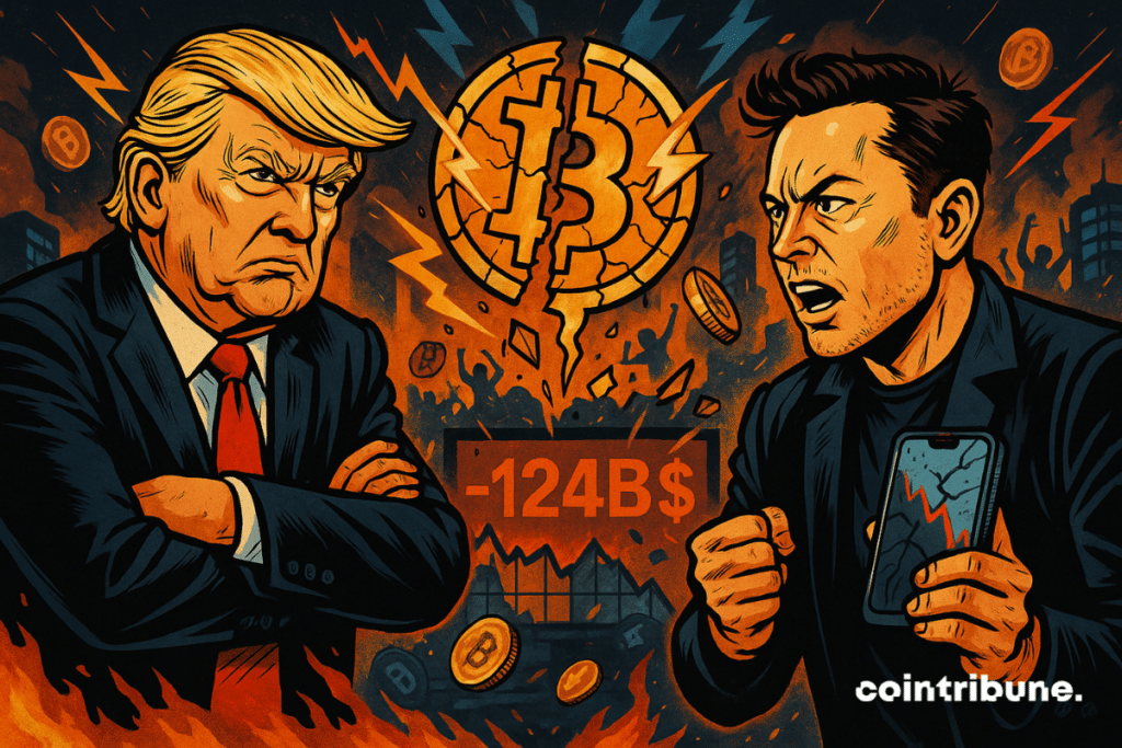Donald Trump confronta Elon Musk, com um logotipo do Bitcoin destruído ao fundo