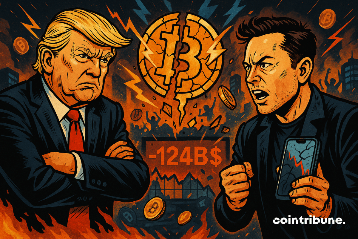 Donald Trump confronta a Elon Musk, con un logo de Bitcoin destrozado al fondo