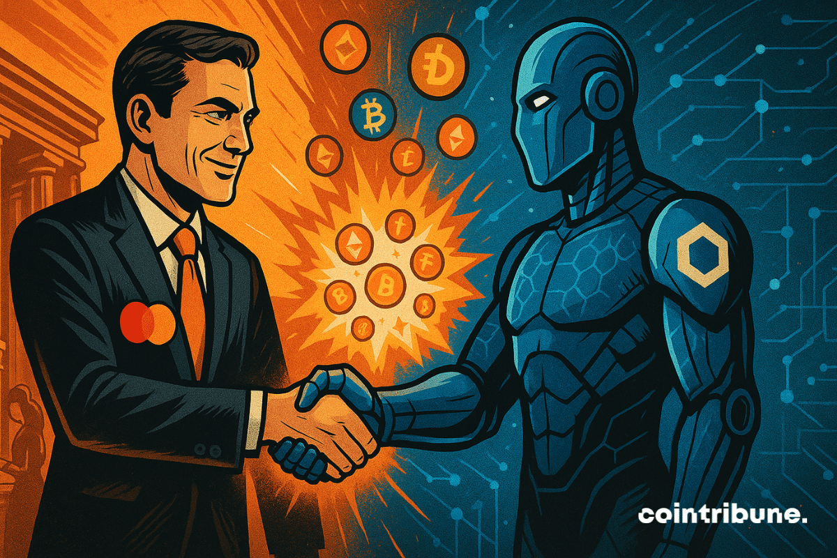 Um aperto de mão entre os representantes da Mastercard e da Chainlink, simbolizando sua parceria no universo cripto.