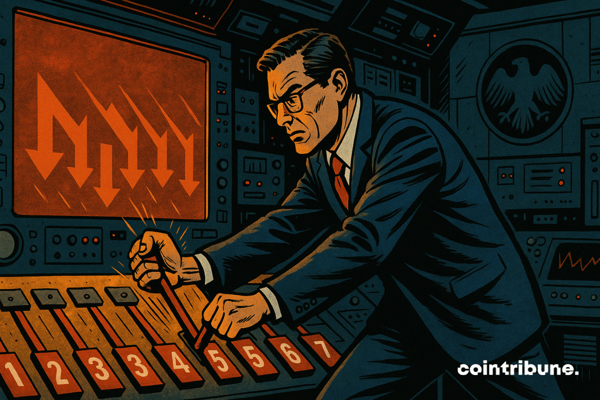 A financial analyst or operator from Morgan Stanley, crouching or leaning forward, pulling a red lever marked with a number, with an expression of intense, almost mechanical concentration, symbolizing the Fed’s interest rate cuts.