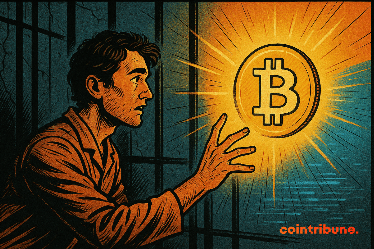 Ross Ulbricht reaching toward a glowing Bitcoin symbol.