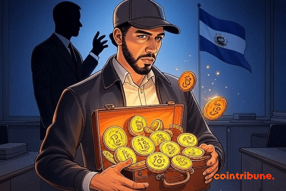 Nayib Bukele sosteniendo una caja fuerte de bitcoin con la sombra de un agente del FMI detrás.