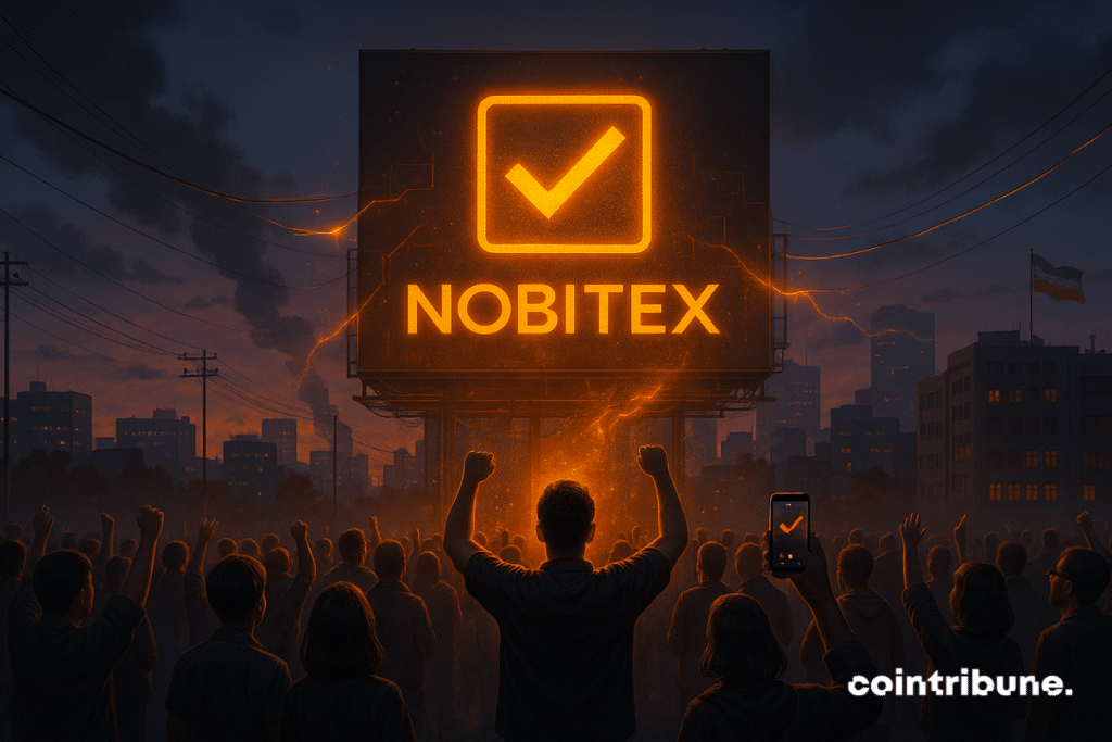 Multitud de personas aplaudiendo frente a un cartel luminoso de Nobitex.