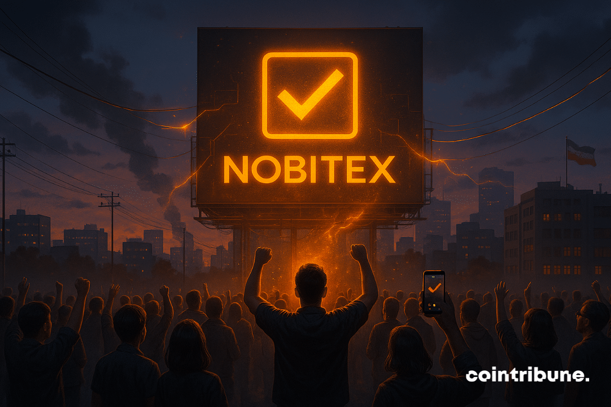 Crowd cheering in front of a glowing Nobitex billboard.