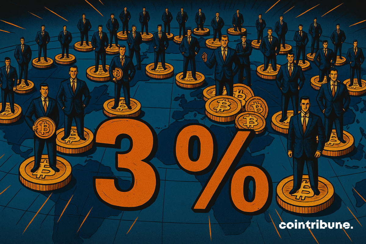 Hommes d'affaires réparties sur des pièces de bitcoin avec devant eux un chiffre "3 %"