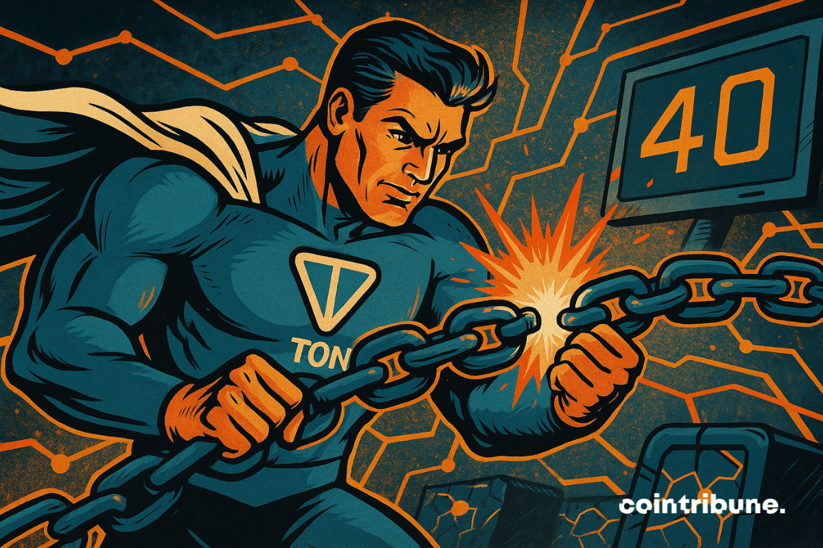 Super-herói com macacão com o logotipo da TON consertando uma blockchain