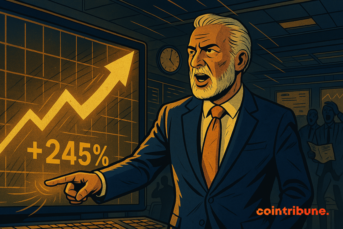 Portrait of Peter Schiff with a screen showing a +245% increase next to him