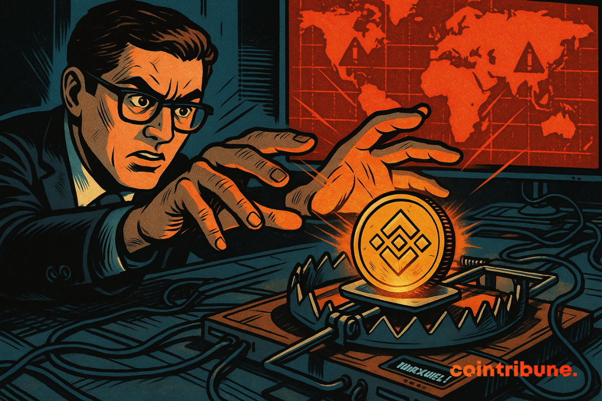 Trader trying to catch a BNB coin in a Maxwell-stamped mousetrap