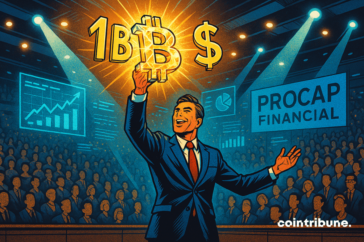Ilustração de um investidor segurando um logotipo brilhante de bitcoin na frente de um público