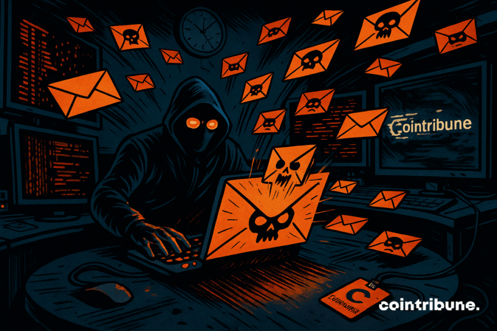 Un hacker assit devant une immense console digitale semi-circulaire, remplie d’écrans et de boutons lumineux. Des centaines de newsletters stylisées comme des enveloppes avec de petits crânes ou visages déformés s’échappent de la console comme des projectiles, en vol au-dessus de sa tête, ce qui symbolise le phishing de Cointribune.