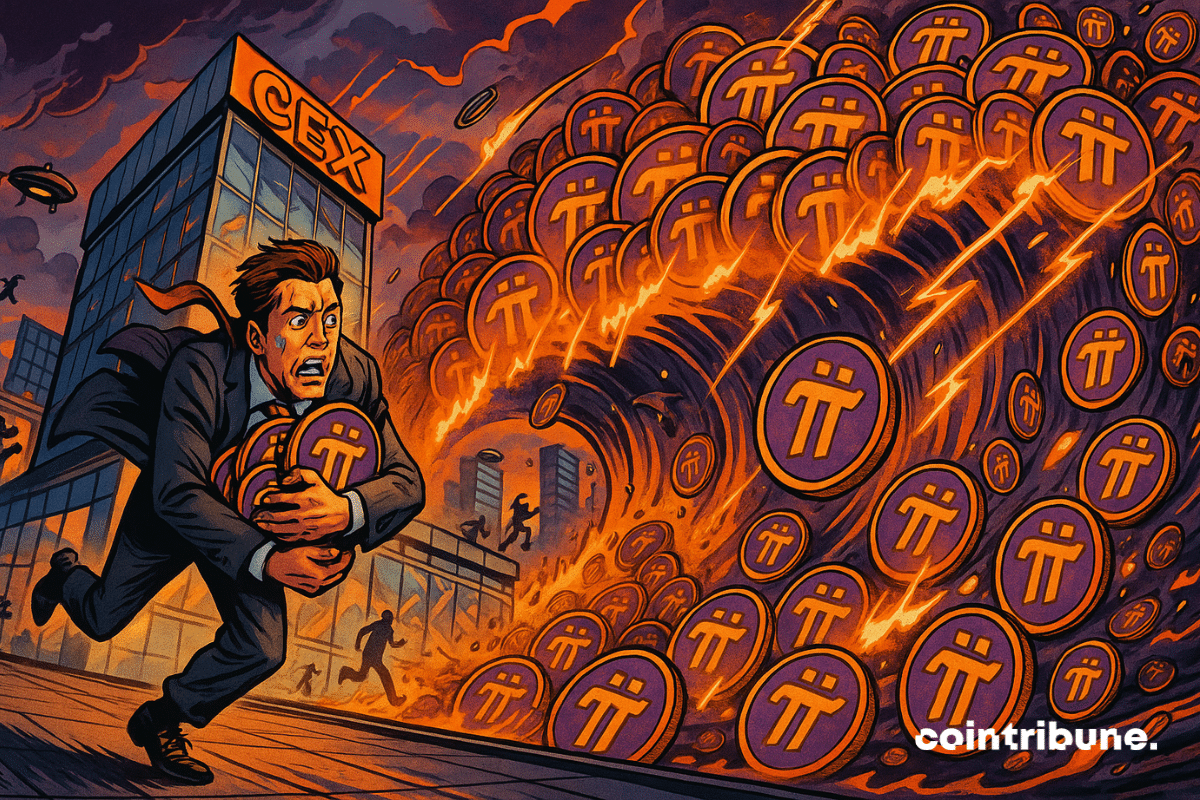 Un trader crypto à bout de bras une pile de pièces Pi Network dorées et violettes. Il court à toute allure dans un couloir ouvert, tentant de fuir la vague.