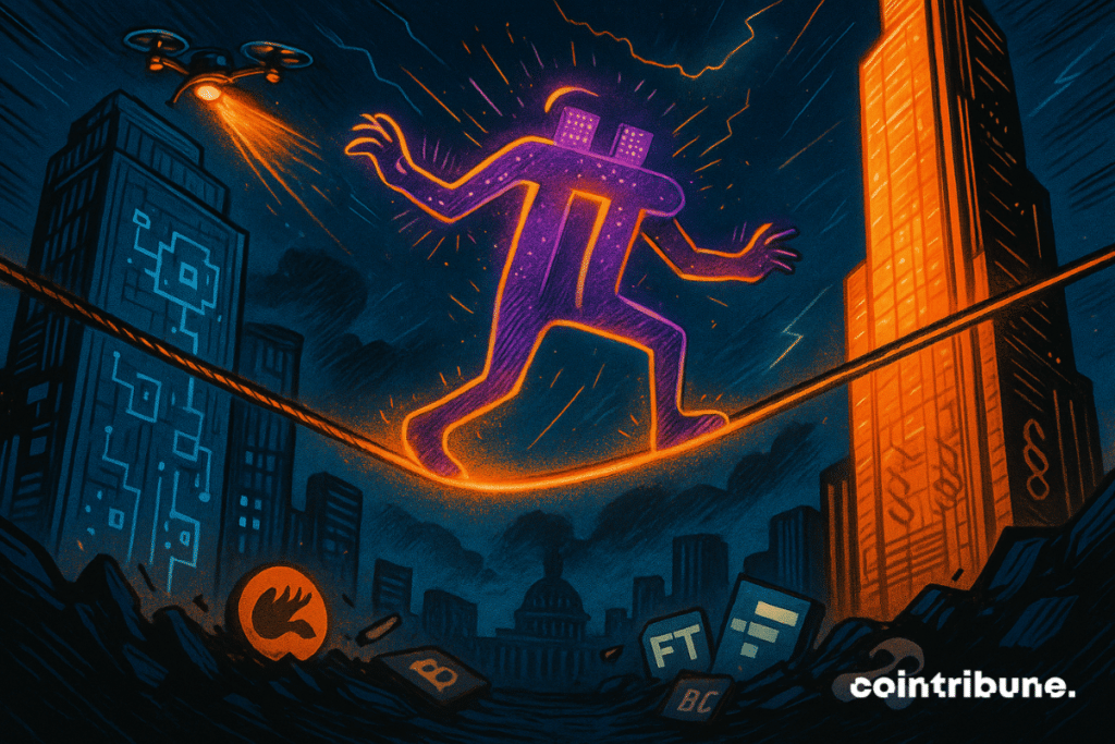 The Pi Network (π) crypto logo is personified as someone trying to balance on a tightrope suspended between two futuristic buildings.