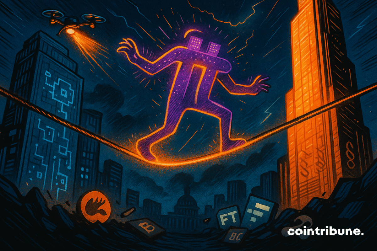 El logotipo criptográfico de Pi Network (π) está personificado por alguien que intenta mantener el equilibrio sobre una cuerda floja suspendida entre dos edificios futuristas.