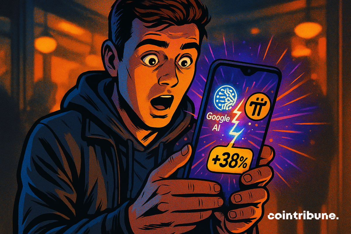 Un jeune investisseur crypto tient un smartphone avec ses deux mains. On voit sur l’écran du téléphone une interface stylisée, affichant l’icône de Google AI et celle de Pi Network reliées par un flux de données lumineux.