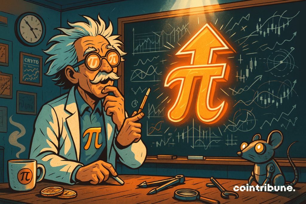 The researcher in front of the transformed Pi crypto symbol.