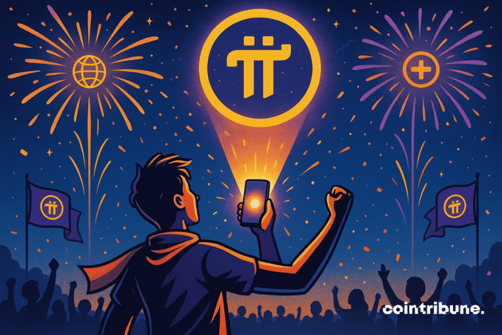 Un inversor cripto visto de tres cuartos de espalda, con los brazos levantados, sosteniendo un smartphone luminoso apuntando hacia el cielo nocturno. El logo de Pi Network (π dorado estilizado dentro de un círculo violeta) se proyecta en forma de holograma gigante sobre él, flotando en el cielo como un emblema sagrado.