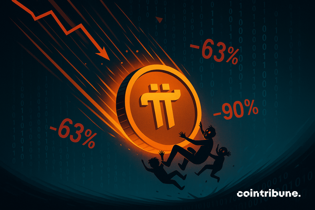 Une pièce géante de la crypto Pi en chute dans un abîme numérique.