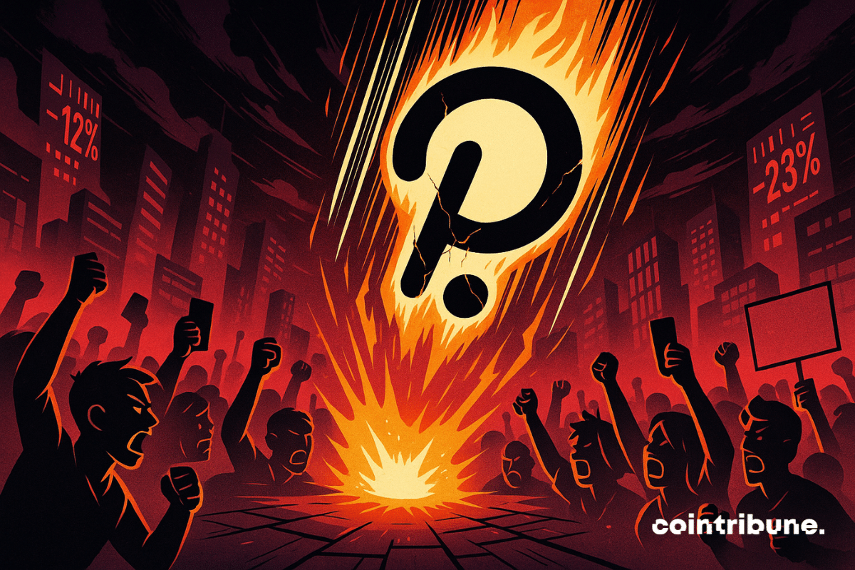 Le logo de de la crypto Polkadot (le “P” noir stylisé avec un point rose) est au centre, en chute libre verticale devant une foule dense de silhouettes furieuses, entouré de flammes stylisées et de lignes de vitesse, suggérant un effondrement brutal.