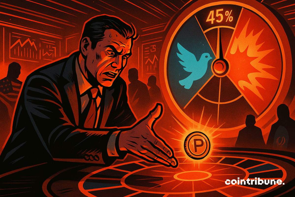 Un investisseur crypto joue à la roue de la fortune, ce qui symbolise les paris actuels sur Polymarket.