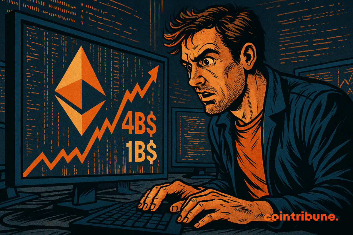 Un trader concentré devant un écran affichant des données Ethereum, avec des chiffres "4B$" et "1B$", dans une ambiance technologique.
