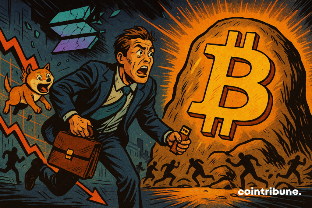 Trader fuyant des altcoins (Dogecoin, Solana...) en décadence et se rapprochant d'un roc bitcoin