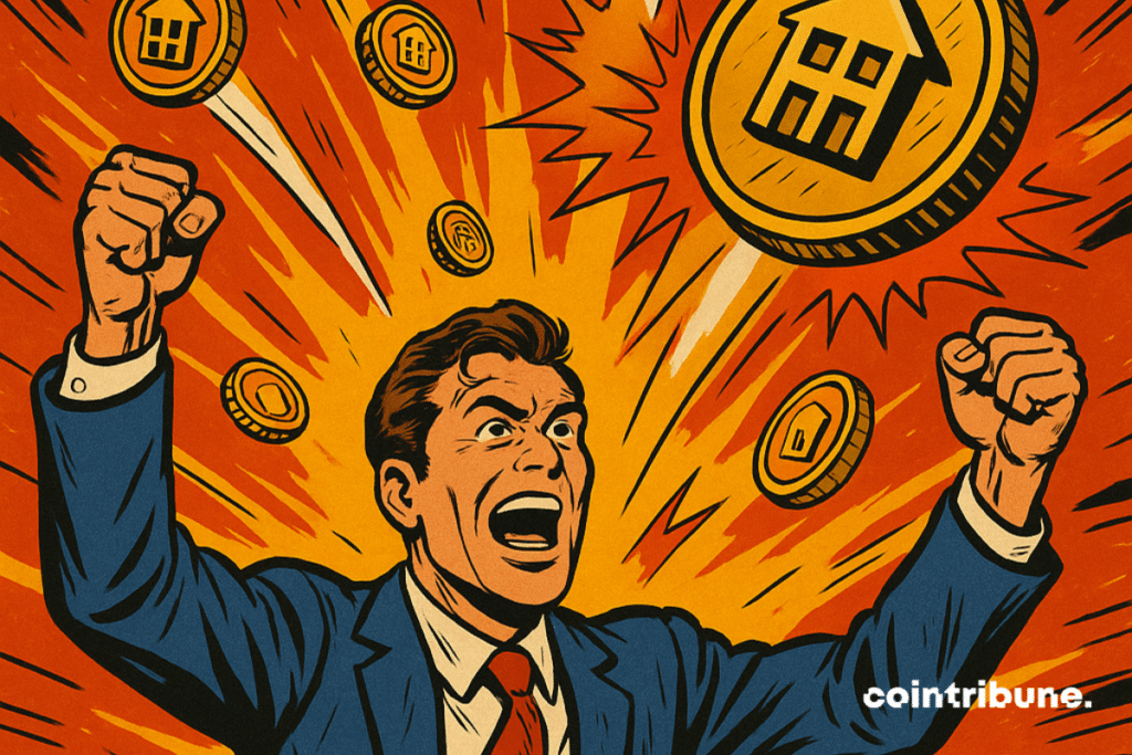 Illustration of a euphoric man raising his arms in front of an explosion of golden tokens marked with a real estate symbol.