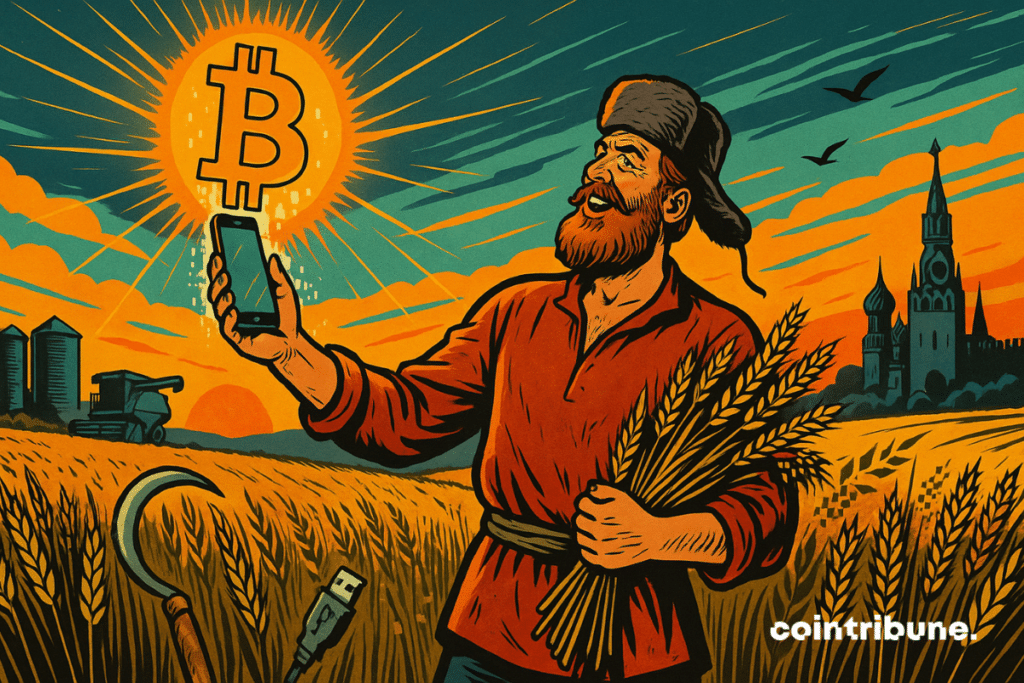 Em um campo de trigo dourado ao pôr do sol, um fazendeiro russo levanta um smartphone, revelando um holograma criptográfico em forma de Bitcoin flutuando acima do dispositivo.