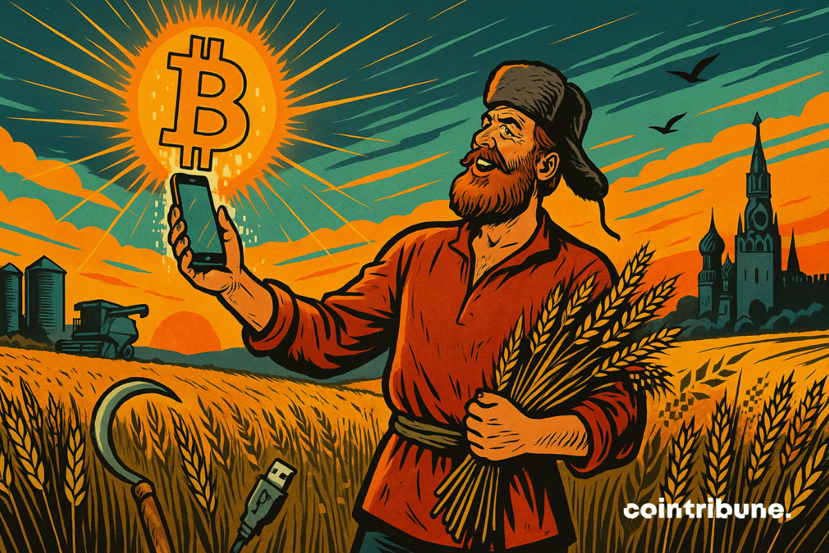 Dans un champ de blé doré au coucher du soleil, un agriculteur de Russie soulève un smartphone d’où jaillit un hologramme de crypto en forme de Bitcoin flottant au-dessus de l’appareil.
