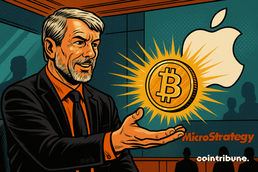 Michael Saylor holding a shiny bitcoin coin with the Apple logo as background