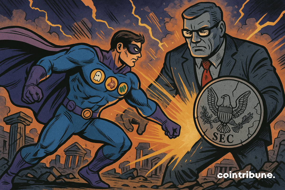 A man in a superhero costume fights a man who lowers his shield