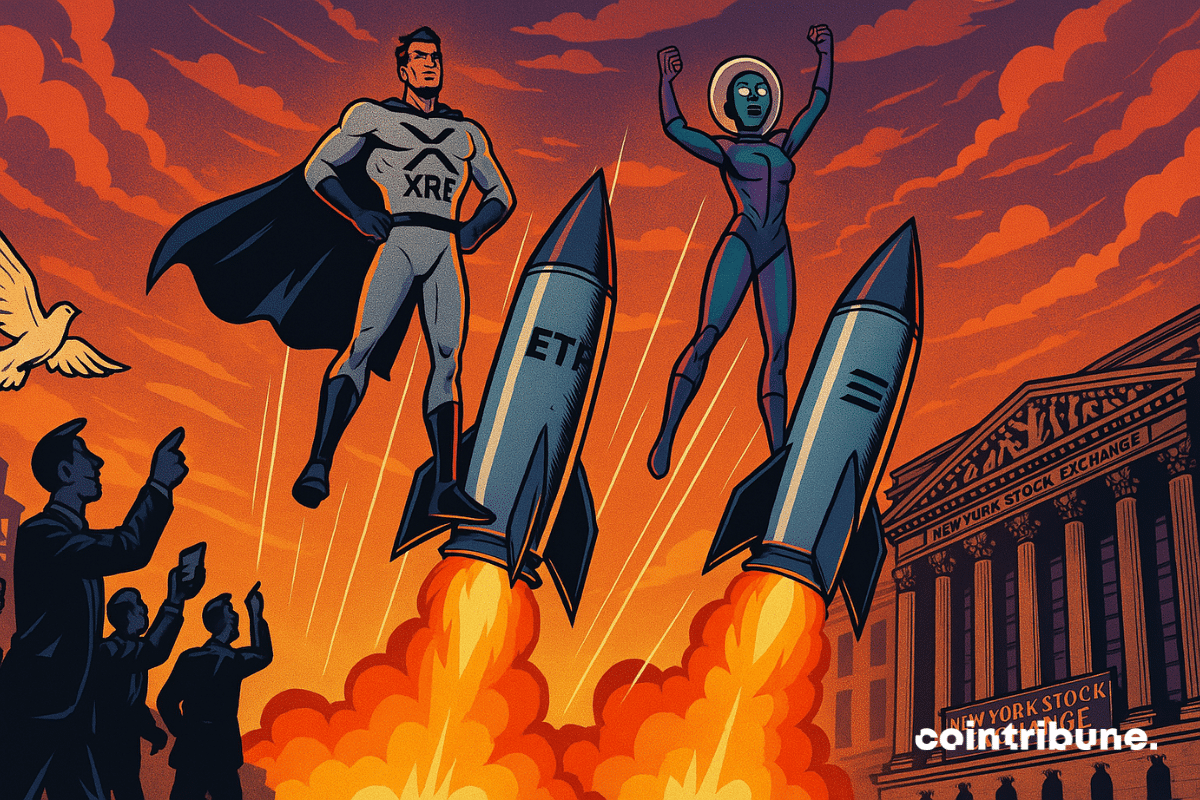 Deux super-héros représentant XRP et Solana avec des fusées ascendantes à côté