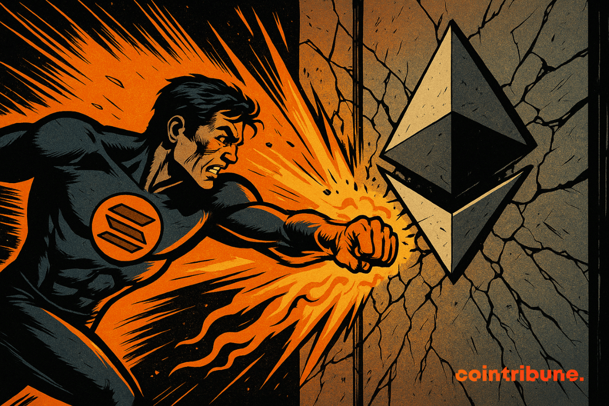 Solana, in a dynamic suit, punches a cracked Ethereum wall, surrounded by bright orange energy, in a comic book style.