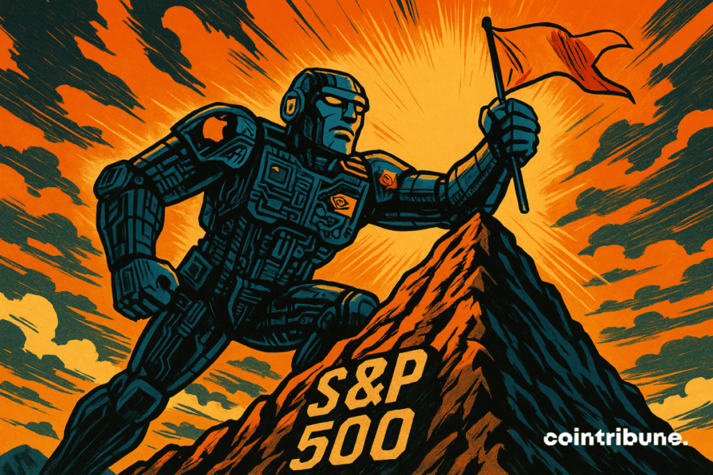 Un gigantesque humanoïde composé de circuits et d’éléments technologiques (évoquant les GAFAM), en train de gravir une montagne marquée « S&P 500 ».
