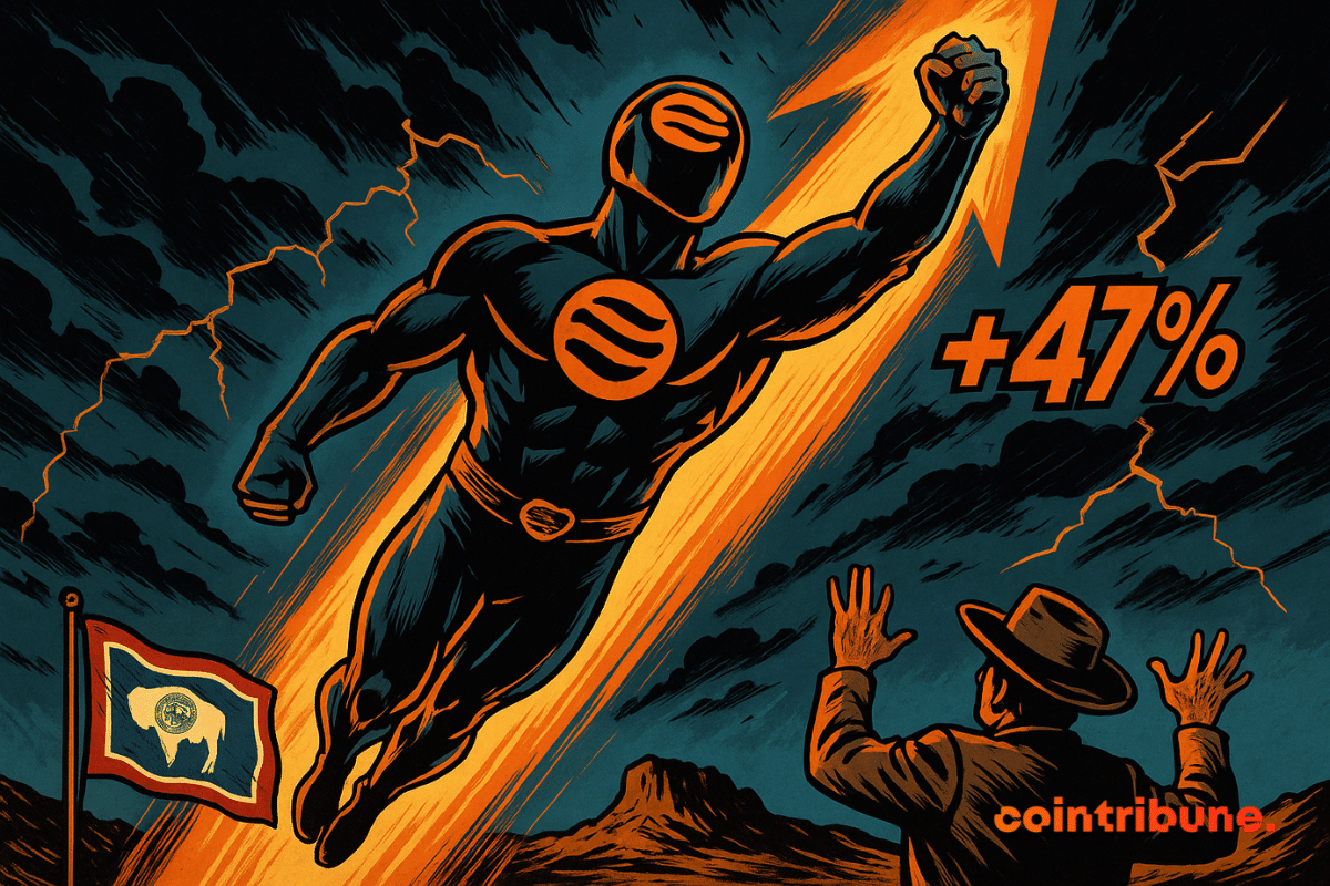 The image shows a superhero symbolizing the SEI cryptocurrency.