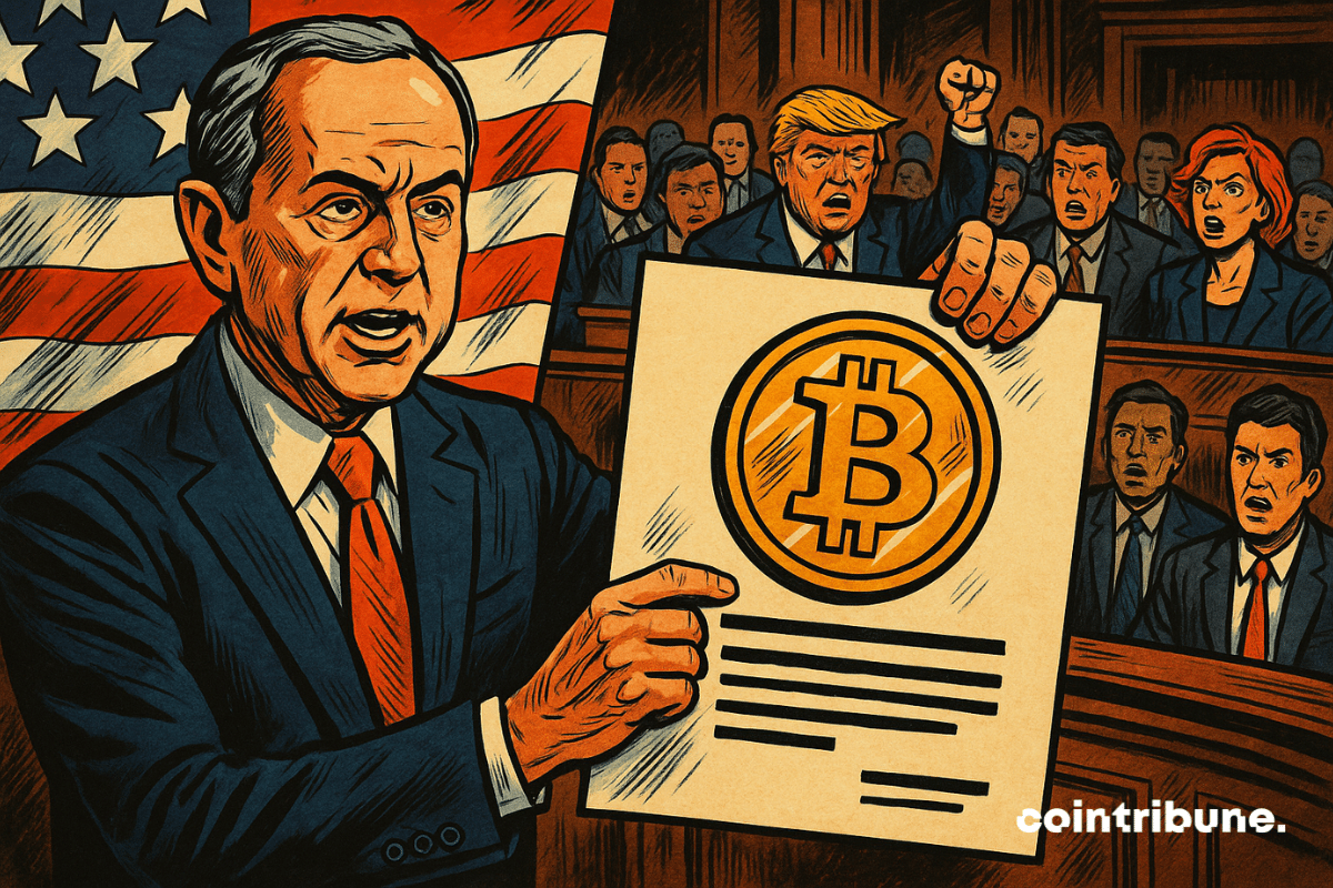 Ilustração do senador Adam Schiff segurando uma nota marcada com o símbolo de criptomoeda.