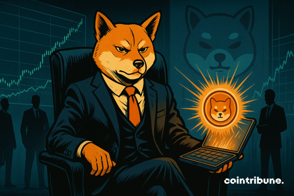 Un Shiba Inu anthropomorphe, incarnation symbolique du token SHIB, assis avec autorité sur un grand fauteuil type PDG, jambe croisée, une main posée calmement sur un accoudoir, l’autre tenant un portefeuille crypto stylisé ouvert, brillant.