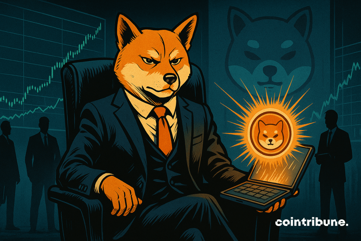 Um Shiba Inu antropomórfico, representação simbólica do token SHIB, sentado com autoridade em uma grande poltrona estilo CEO, uma perna cruzada, uma mão repousando calmamente no apoio de braço e a outra segurando uma carteira cripto estilizada, aberta e brilhando.
