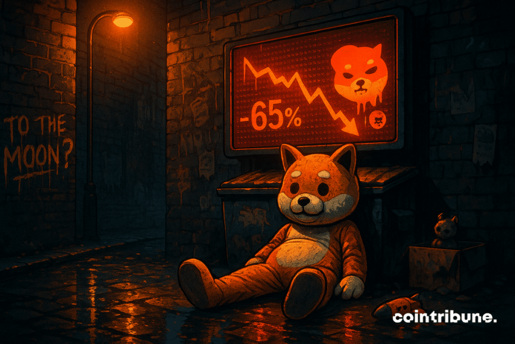 La Mascotte de la crypto Shiba Inu seule dans une ruelle, avachie, les jambes étendues, les bras tombants, la tête légèrement inclinée vers le sol, dégageant une grande lassitude.