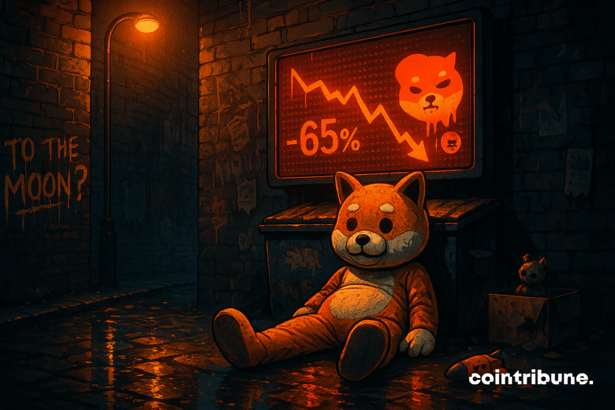 La Mascotte de la crypto Shiba Inu seule dans une ruelle, avachie, les jambes étendues, les bras tombants, la tête légèrement inclinée vers le sol, dégageant une grande lassitude.