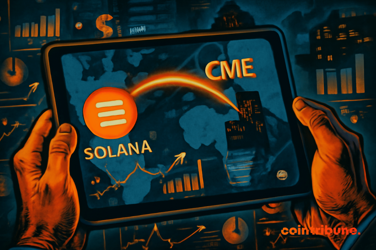 Trader holding a tablet showing Solana rise on CME.