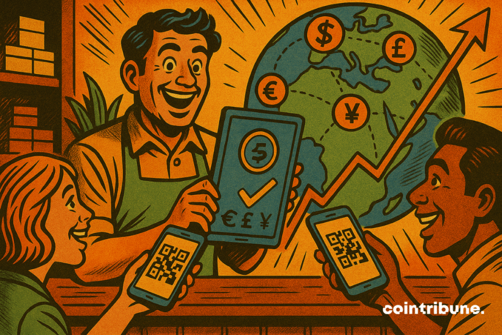Illustration d'un commerçant souriant, vêtu d’un tablier vert, tient une tablette affichant la crypto USDC bleue et des symboles monétaires.