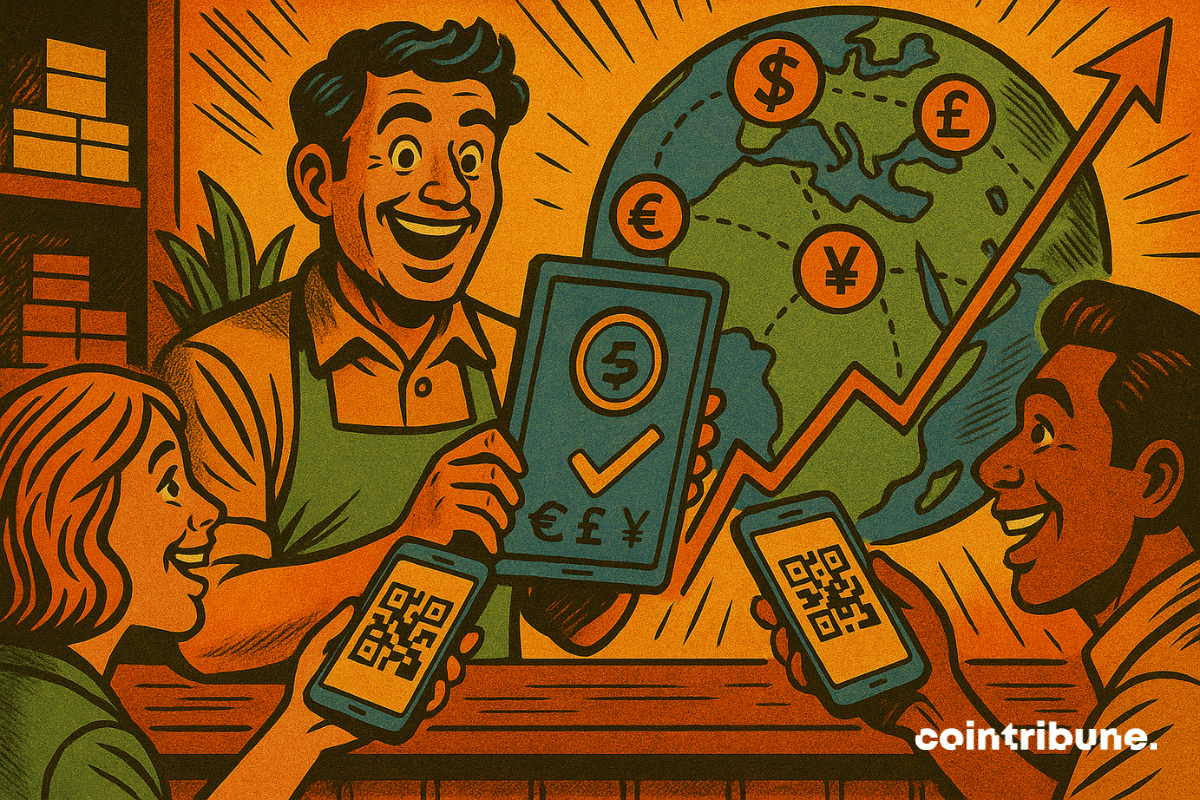 Ilustración de un comerciante sonriente que viste un delantal verde y sostiene una tableta que muestra los símbolos de moneda y criptografía azules USDC.