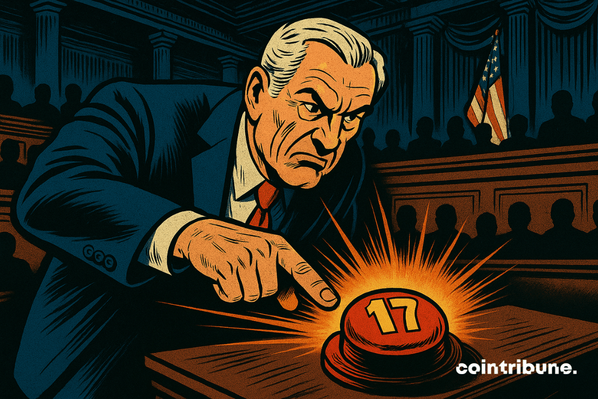 Un sénateur américain au visage tendu s’apprête à appuyer sur un bouton rouge marqué "17", symbole d’un vote crucial sur une loi liée aux cryptos.