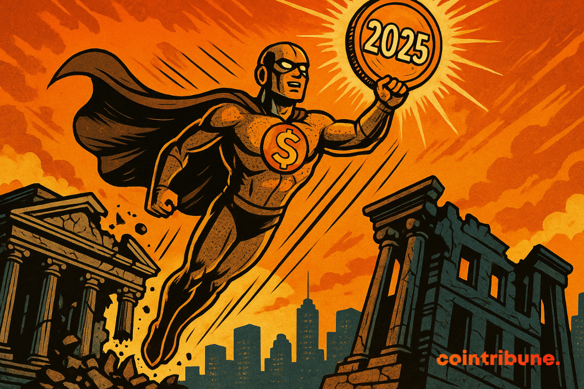 Una stablecoin con un signo de dólar levanta una moneda "2025" sobre un banco en ruinas.