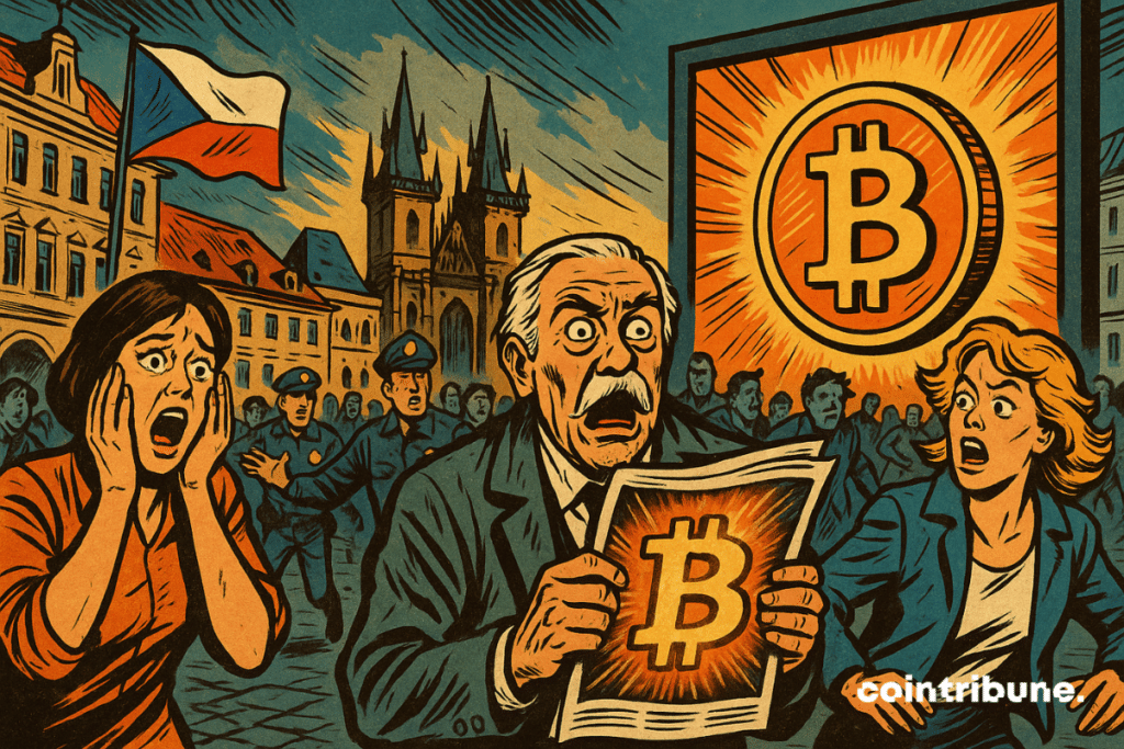 Crowds gather on a Prague street, with an old man in front holding a newspaper with a Bitcoin logo