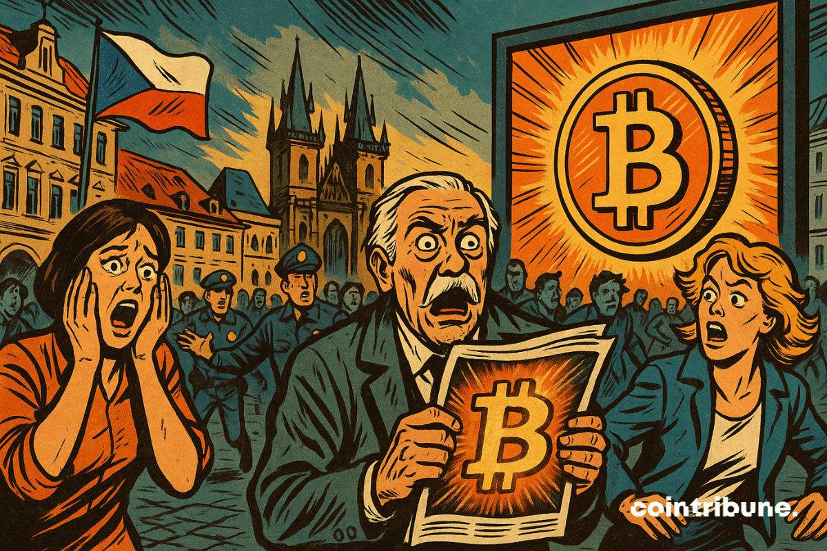 Multidões se reúnem em uma rua de Praga, com um velho na frente segurando um jornal com o logotipo do Bitcoin