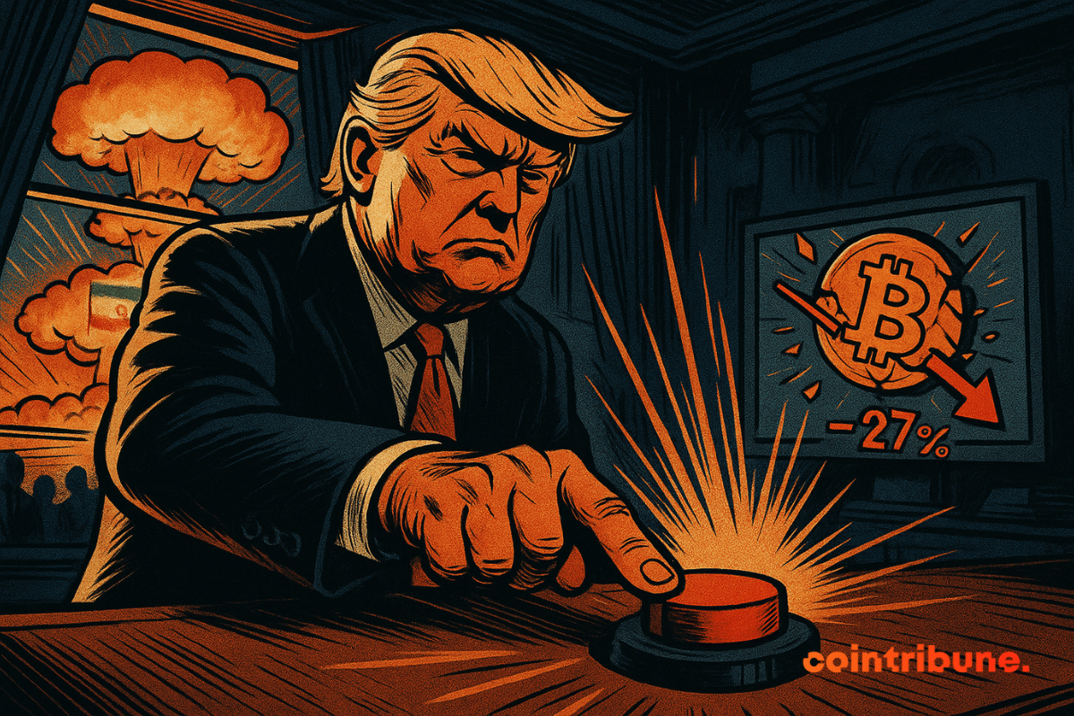 Donald Trump pressing the red button, behind him rises a nuclear mushroom cloud associated with the Iranian flag and to its side a chart showing the fall of bitcoin