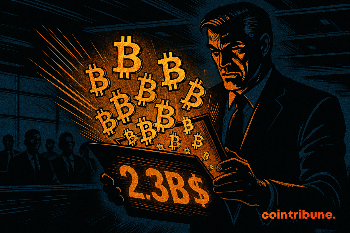 Un hombre de negocios trajeado sostiene una cartera abierta, con Bitcoins flotando y el número «2.300 millones de dólares» brillando en naranja, creando una atmósfera dinámica e intensa, símbolo de una importante decisión financiera.