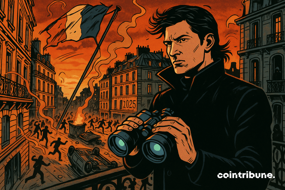 Un homme sombre, évoquant Telegram, observe une rue parisienne en chaos depuis un balcon haussmannien au coucher du soleil.