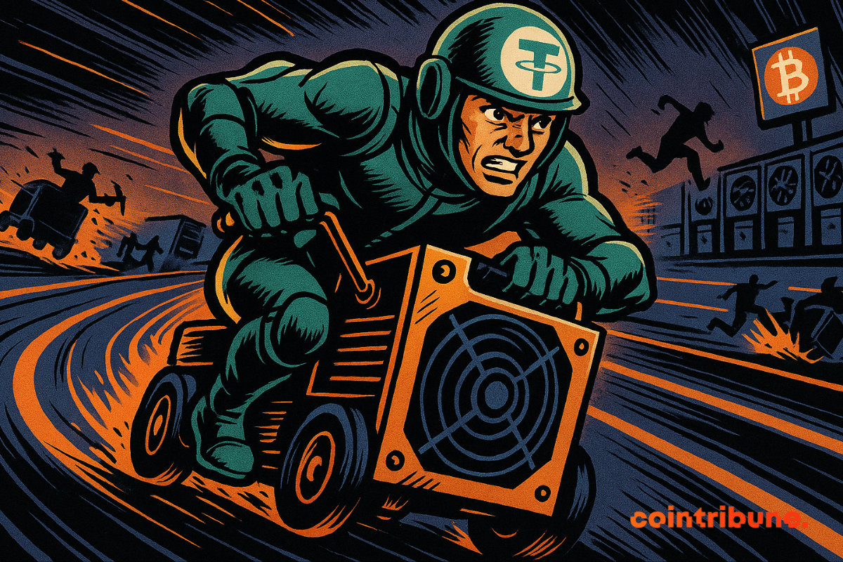 Tether racing on a mining cart in a Bitcoin-themed track.